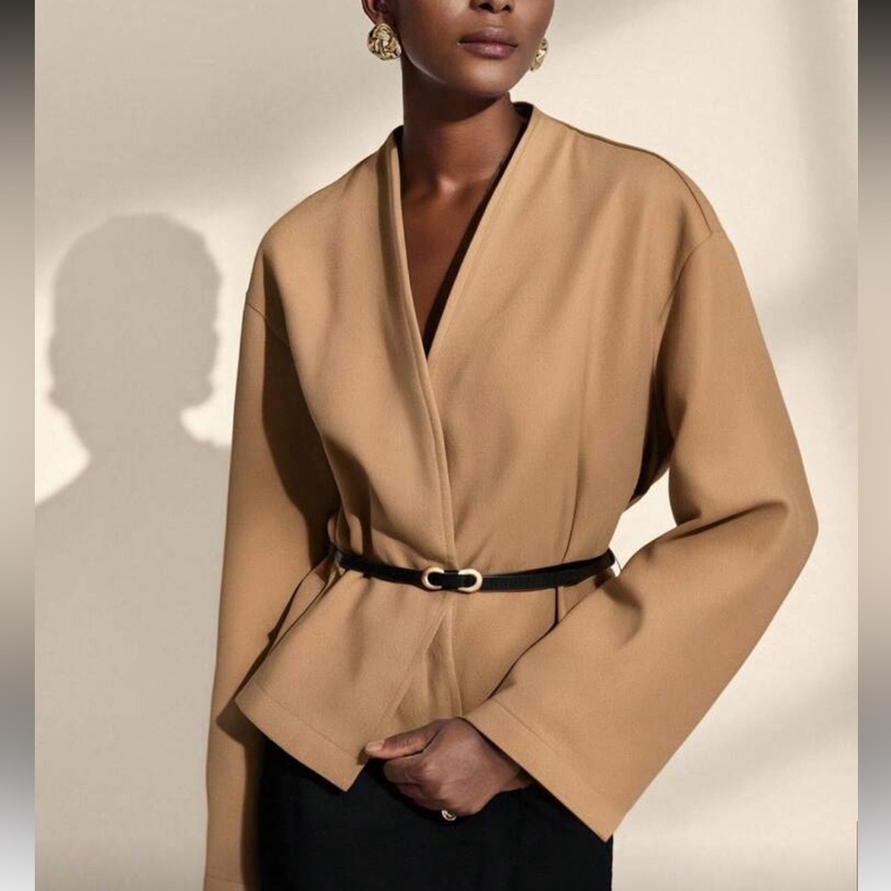 Tan camel belted blazer jacket removable belt